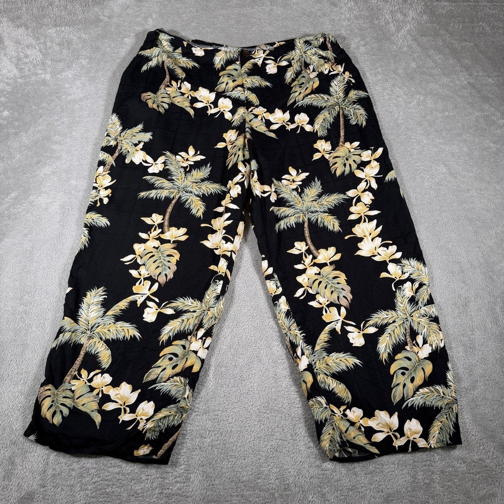 Hilo Hattie Pants Women Medium Black Hawaiian Floral Crop Elastic Waist Vacation